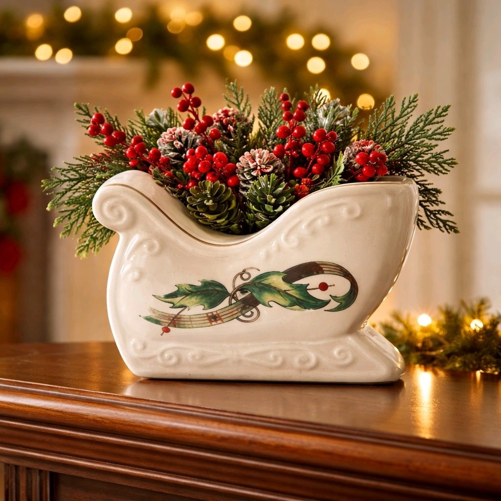 Royal Limited Holly Holiday Porcelain White Holiday Sleigh Planter